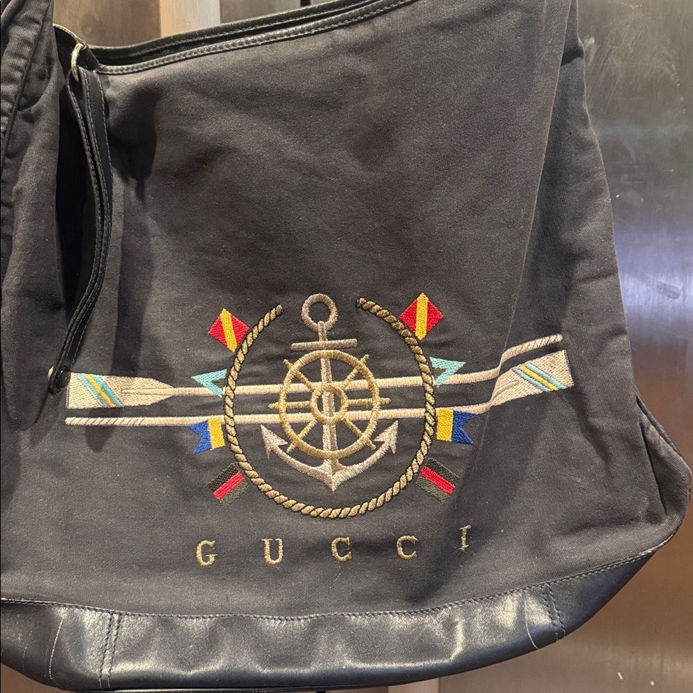 Vintage and Rare Gucci Navy Nautical Canvas Tote with Embroidered Logo